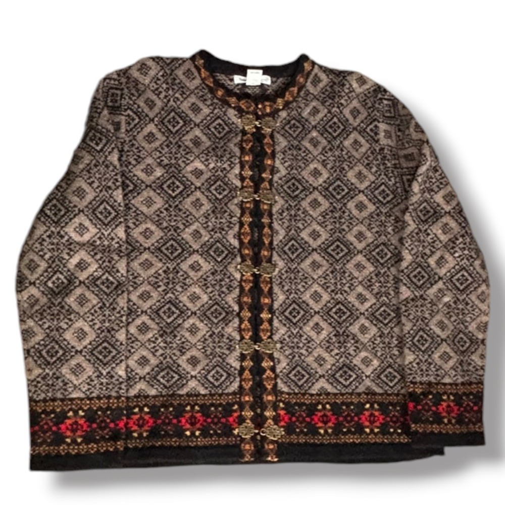 Susan Bristol Wool Fair Isle Nordic Cardigan Sweater Metal Clasp Grey Vintage